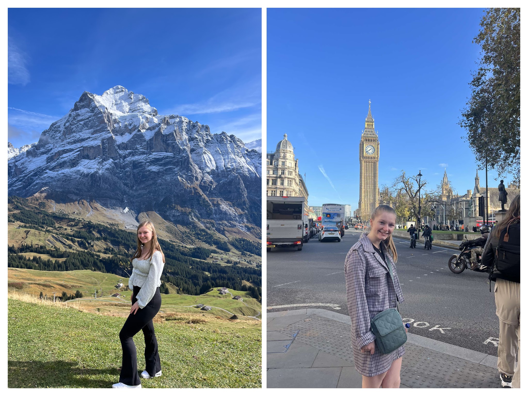 two pictures of Tori side by side. In one she's in a rual, mountainous area. In the other, she's in a city.