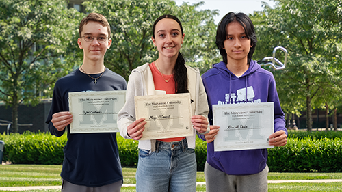 Three students holding certificates at the 2026 High School Math Contest