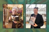 A collage of two faculty members holding books that they recently published against a green backdrop. Two Faculty Members Publish Books