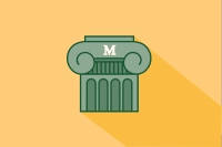 Graphic of a green Roman column with a white Marywood M logo is pictured against a gold background.