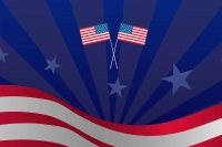 graphic design of stars and stripes of the U.S. flag with two smaller U.S. flags criss-crossed in front