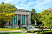 A view of Marywood's Liberal Arts Center in the fall with blue sky.