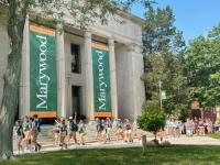 new class orientation group of students walking near liberal arts building steps Marywood Among the Best in 2022 US News Rankings