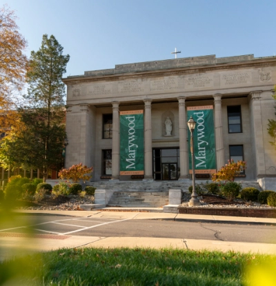 Marywood hall entrance with banners hung up.