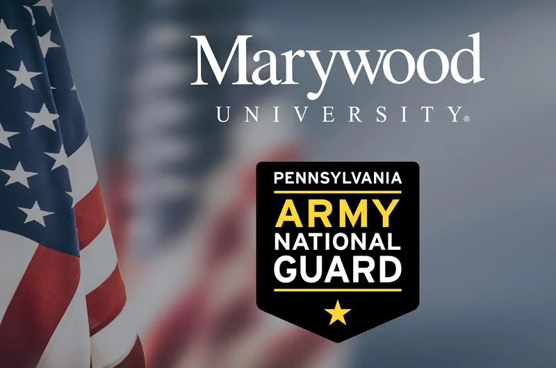 An American flag is pictured in the background of Marywood's and the Pennsylvania National Guard's logos Marywood Partners with Pennsylvania National Guard  to Provide 100% Tuition Coverage for Eligible Students and Families